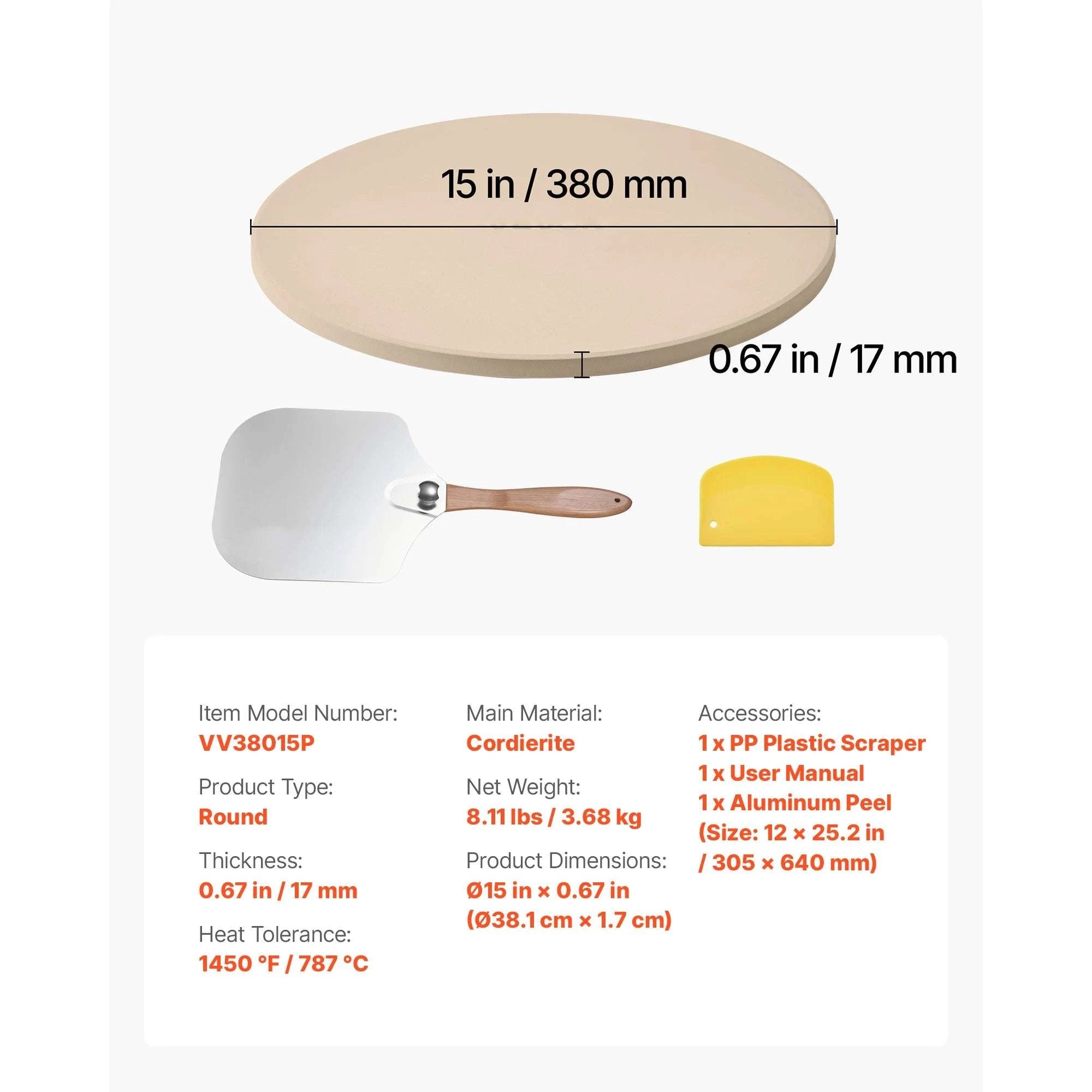 15-Inch Cordierite Pizza Stone with Peel & Scraper 1450°F-
