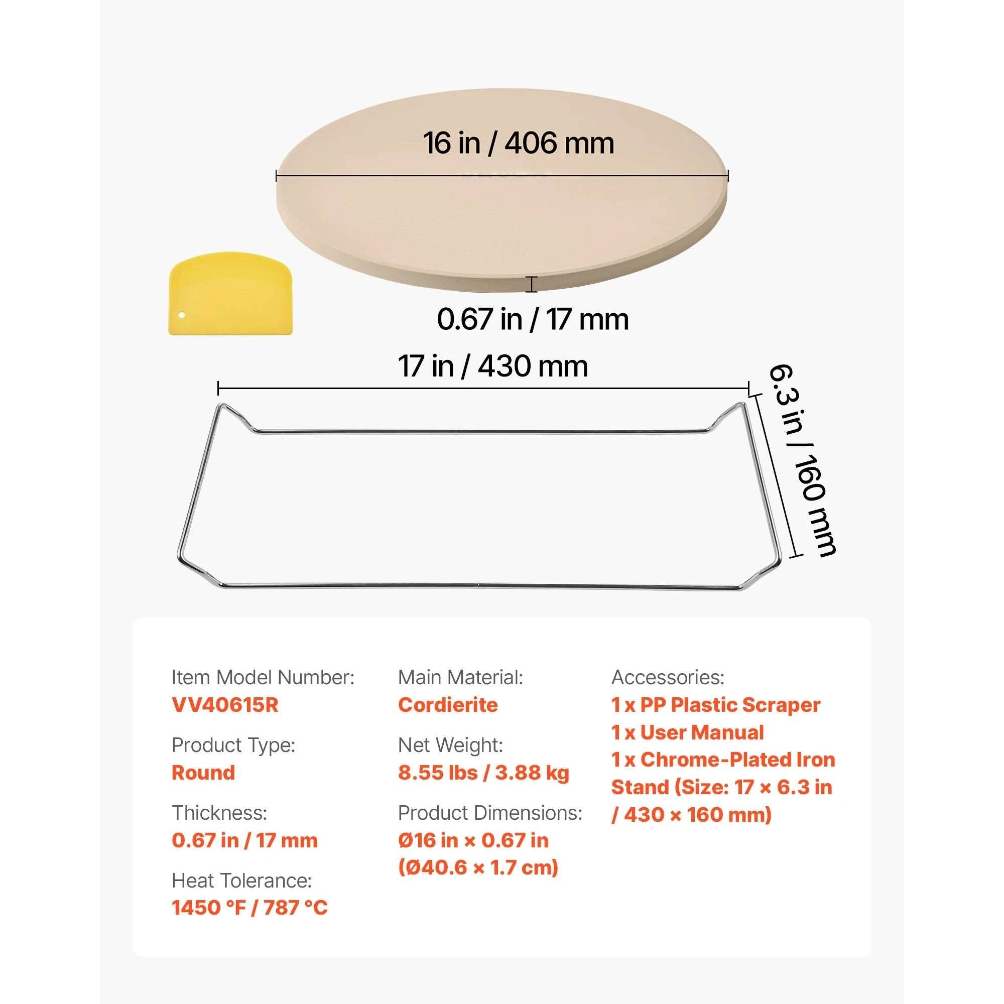 15-Inch Cordierite Pizza Stone with Peel & Scraper 1450°F-