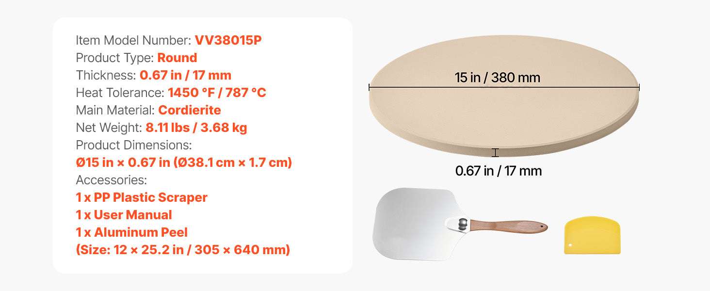 15-Inch Cordierite Pizza Stone with Peel & Scraper 1450°F-