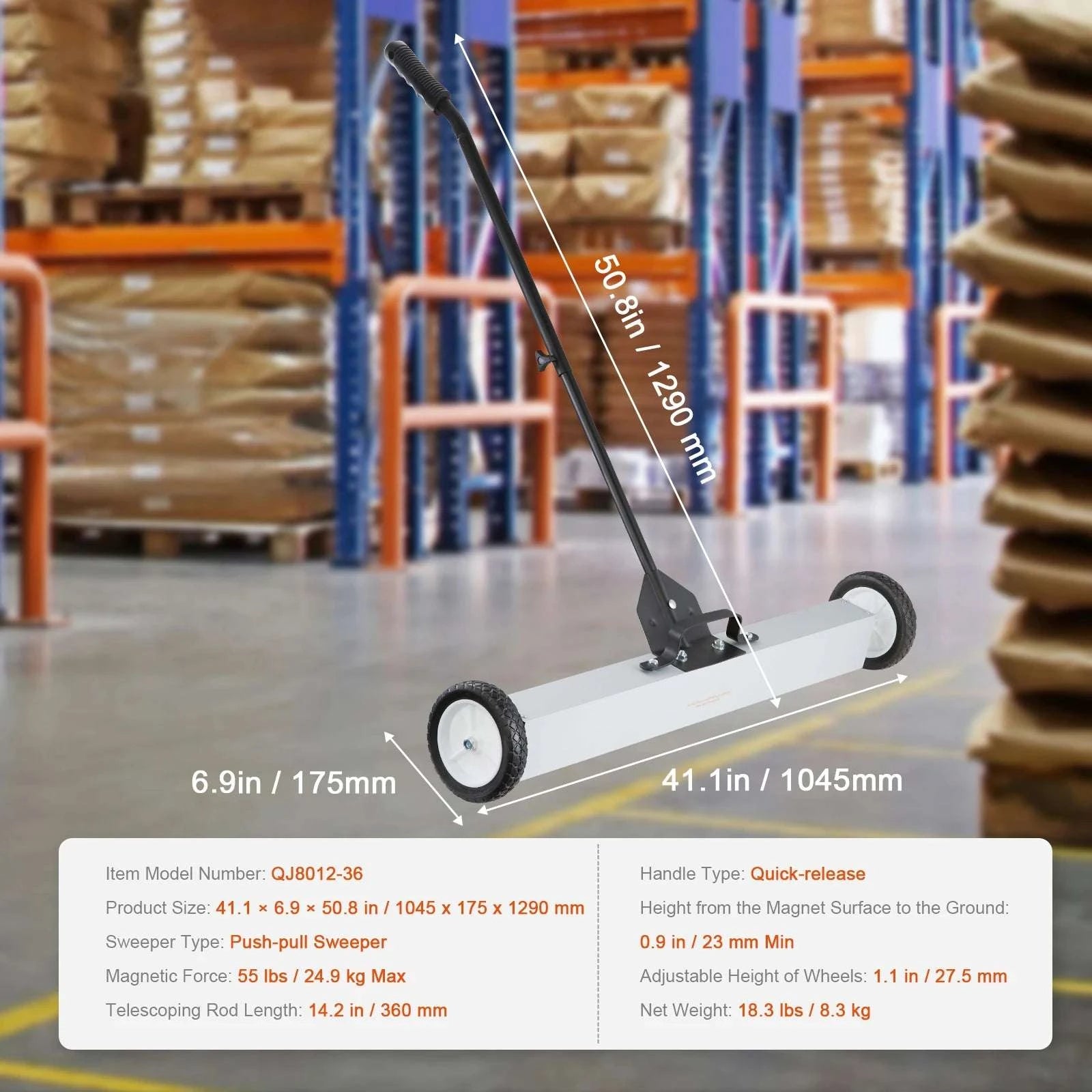 15" Rolling Magnetic Sweeper with Wheels for Nails & Metal Debris-Push 18in 45lbs / spain