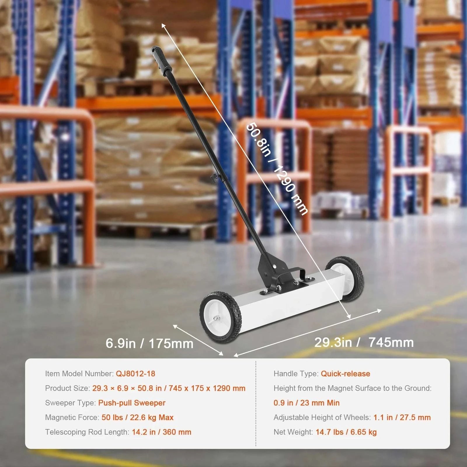 15" Rolling Magnetic Sweeper with Wheels for Nails & Metal Debris-Push 18in 45lbs / spain