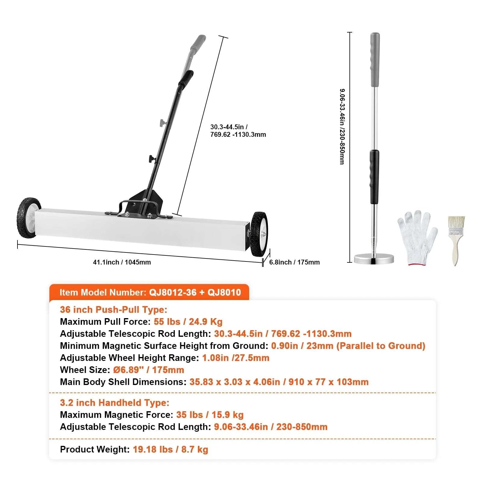 15" Rolling Magnetic Sweeper with Wheels for Nails & Metal Debris-Push 18in 45lbs / spain