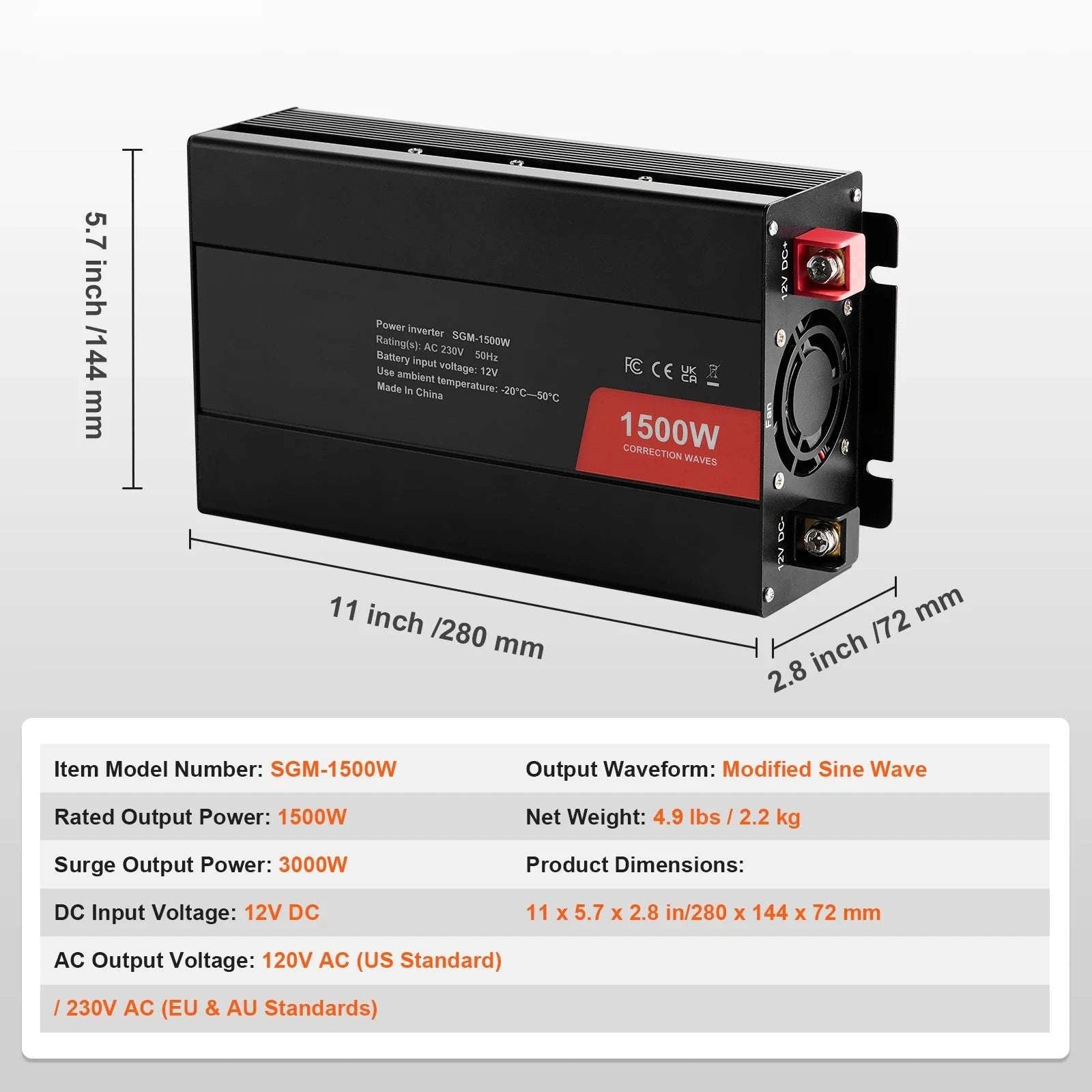 1500W–5000W Modified Sine Wave Power Inverter for Home & Travel-3000W LED Screen / United States