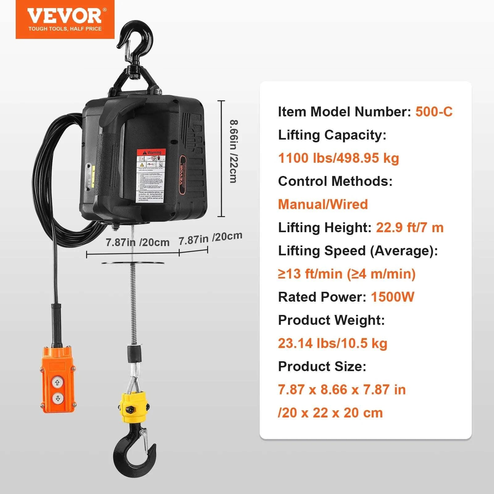 1500W Electric Hoist Winch with Wireless Remote, 1100 lbs Capacity-500-C / CZECH REPUBLIC