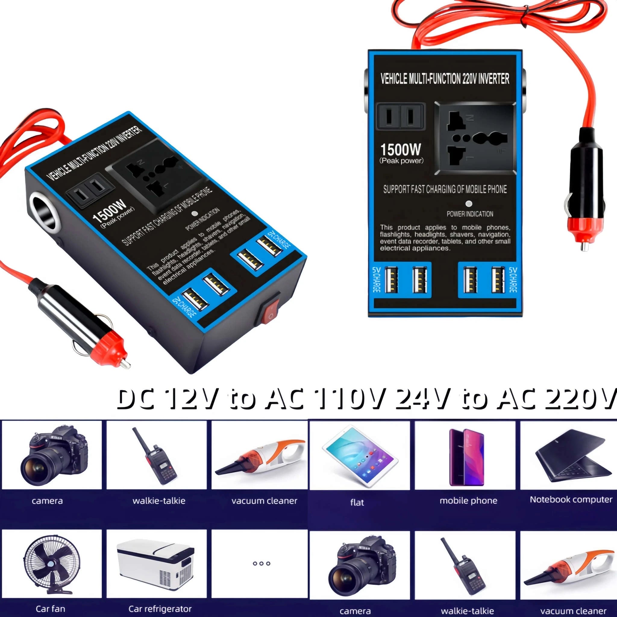 1500W Power Inverter 12V 24V to 110V 220V with USB-black