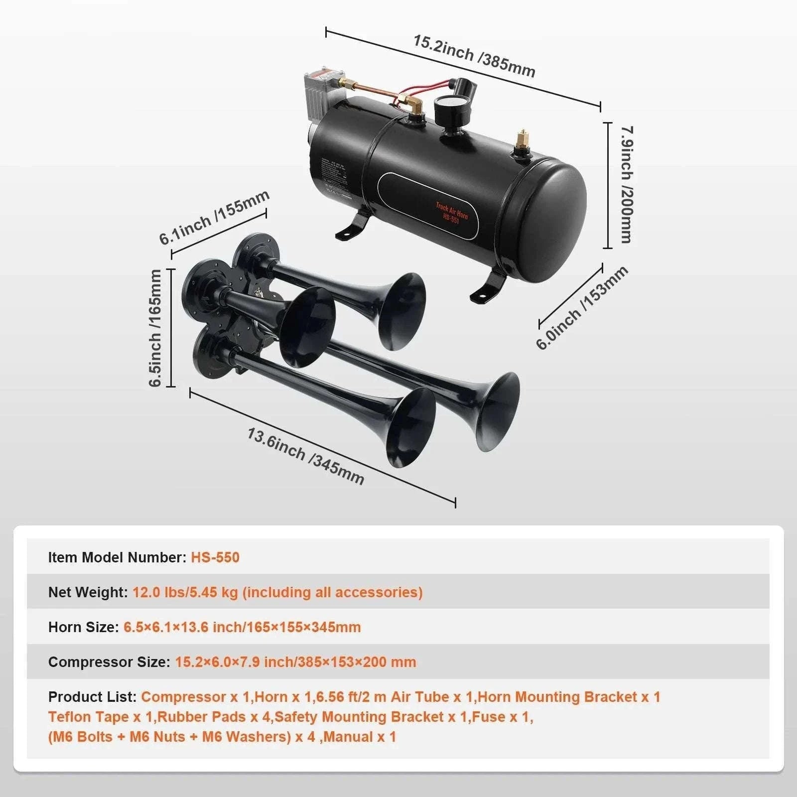 150dB 4 Trumpet Train Horn Kit with 12V Compressor & Air Tank-6L / United States
