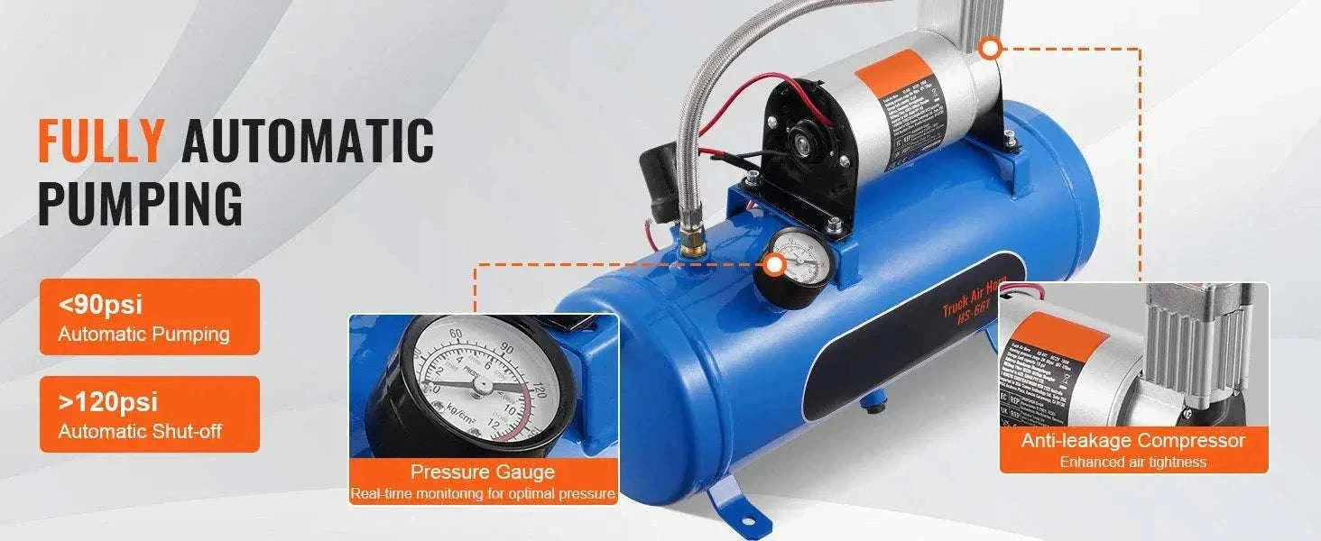 150dB 4 Trumpet Train Horn Kit with 12V Compressor & Air Tank-6L / United States