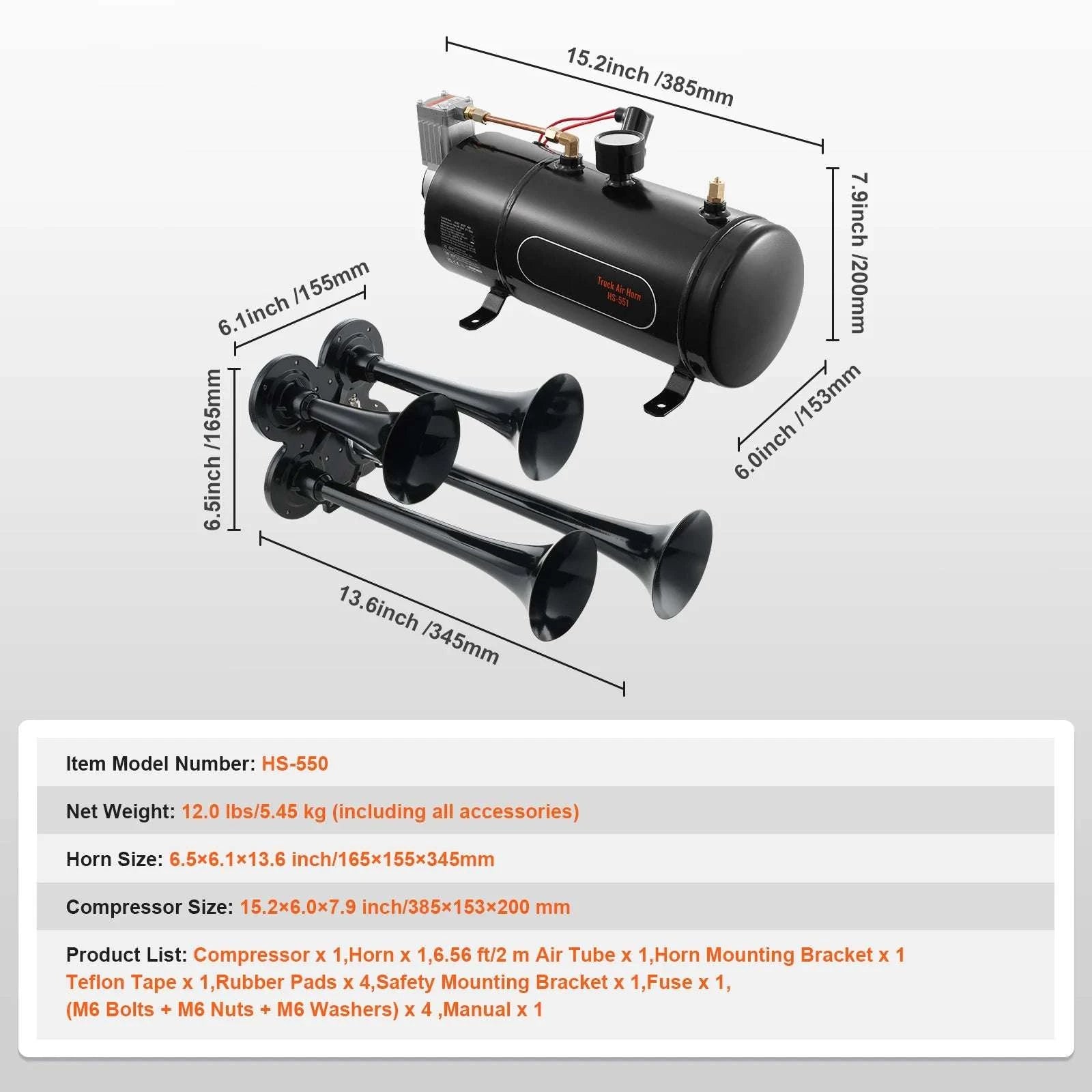 150dB 4 Trumpet Train Horn Kit with 12V Compressor & Air Tank-6L / United States