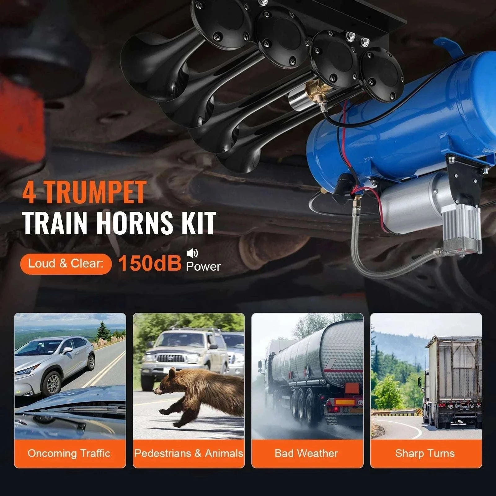150dB 4 Trumpet Train Horn Kit with 12V Compressor & Air Tank-6L / United States