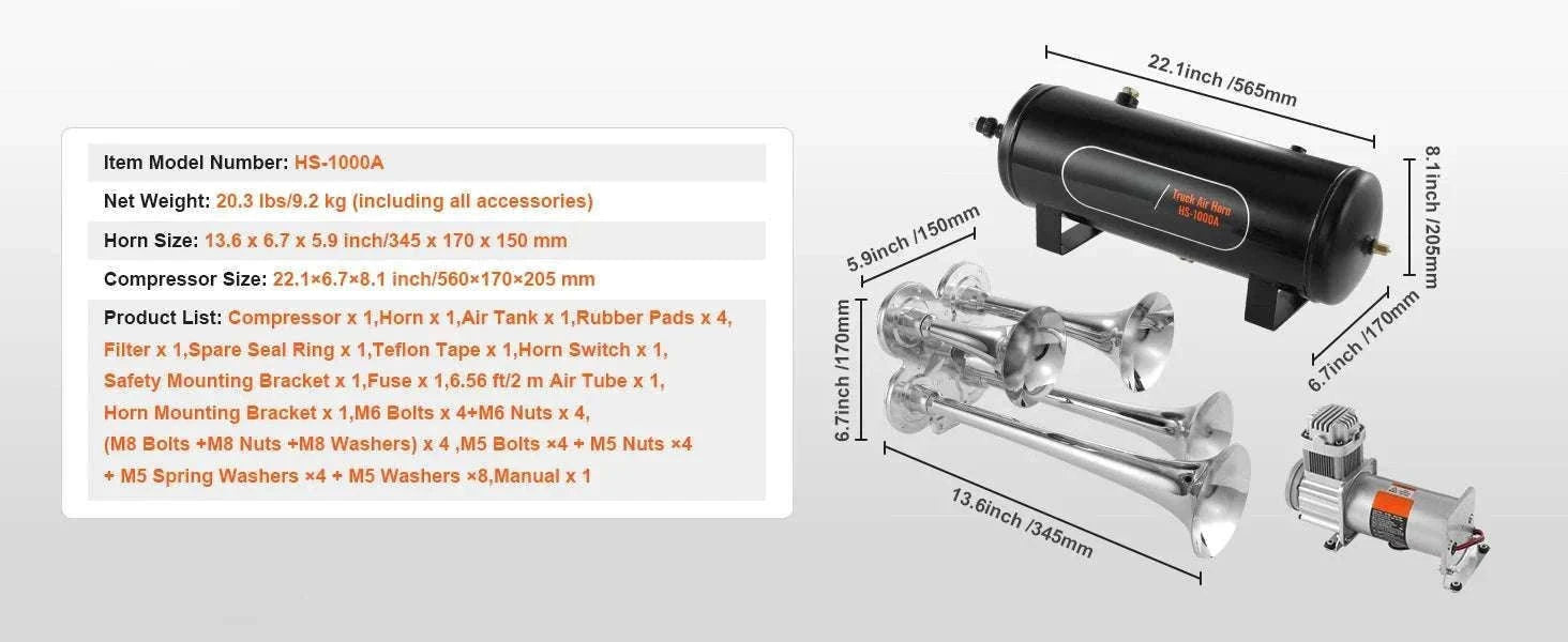 150dB 4 Trumpet Train Horn Kit with 12V Compressor & Air Tank-6L / United States