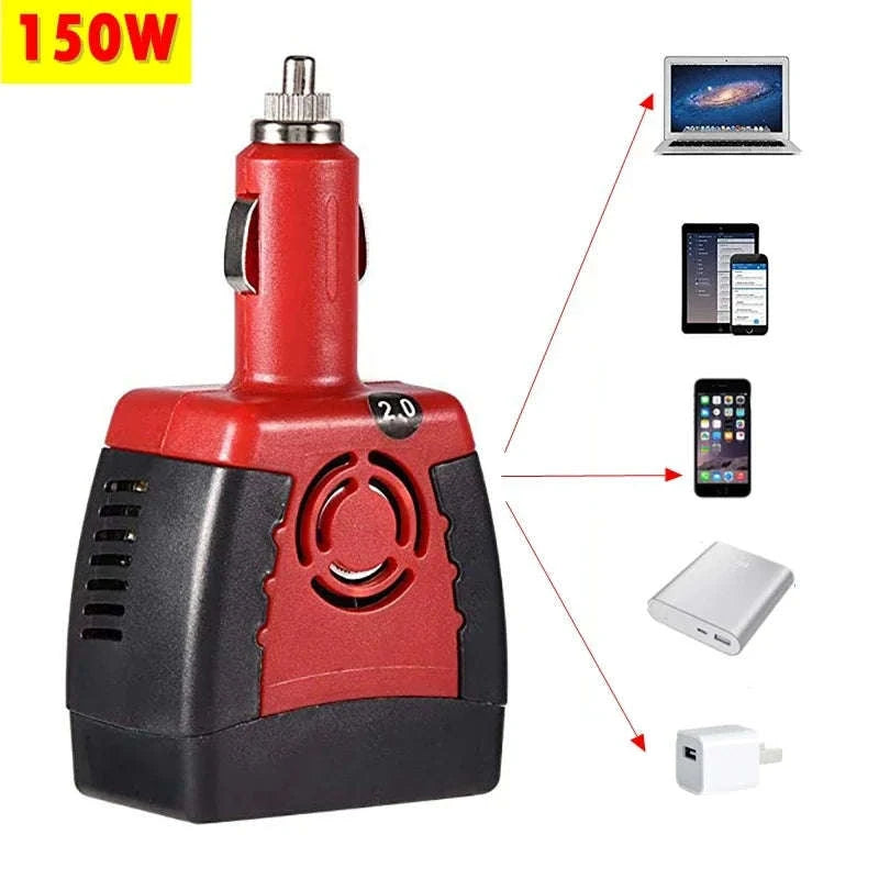 150W Car Power Inverter DC 12V to AC 220V with USB Ports-Default Title