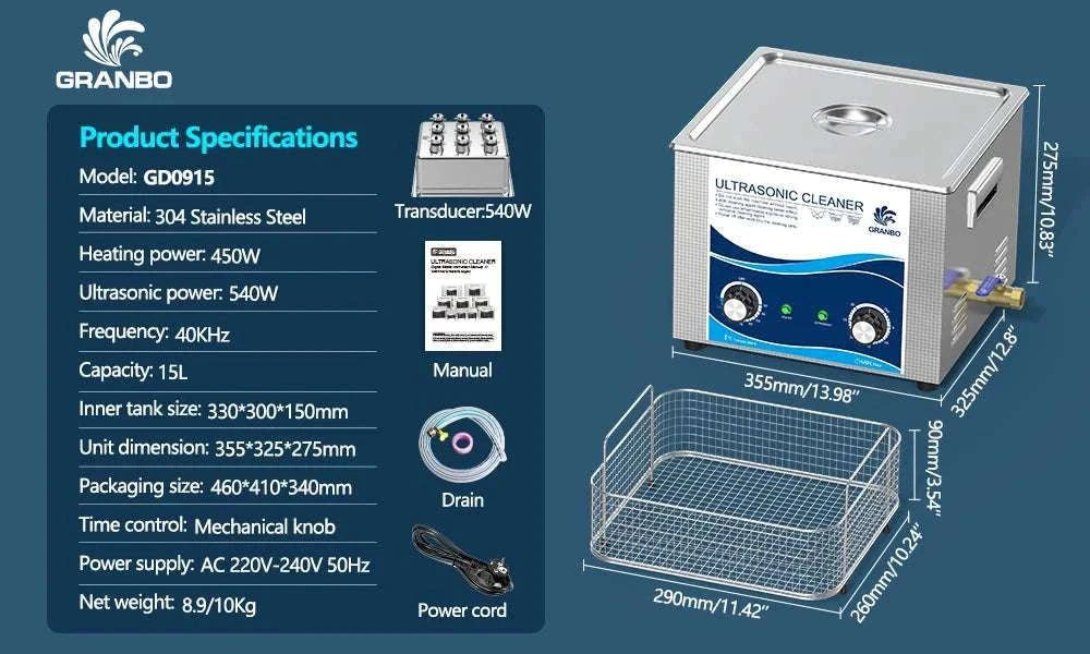 15L Ultrasonic Cleaner 40KHz 360–540W for Precision Parts Cleaning-15L 540W / AU / China Mainland