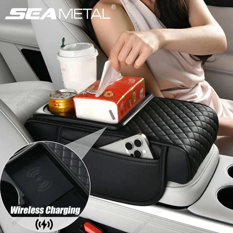 15W Wireless Charging Car Arm Rest Cushion-Black red