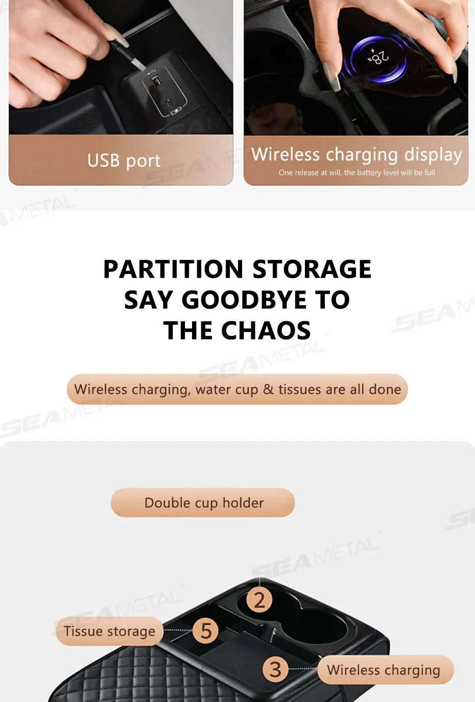 15W Wireless Charging Car Arm Rest Cushion-Black red