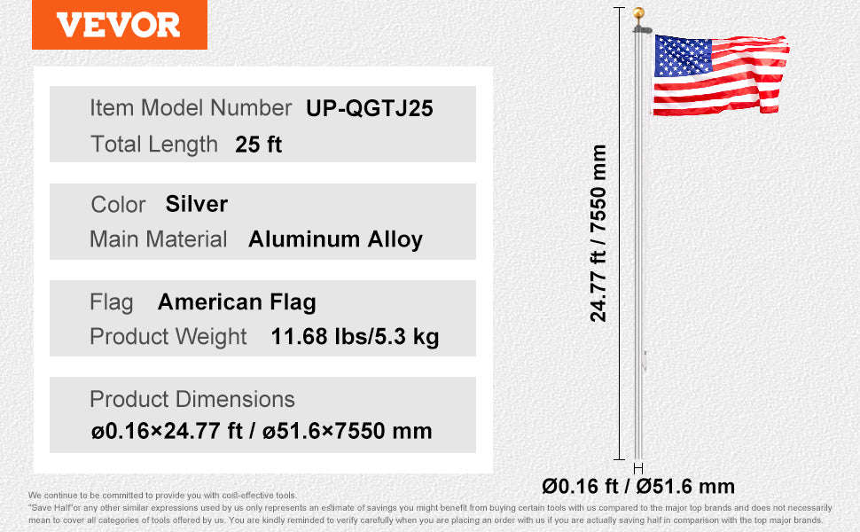 16/20/25/30ft In-Ground Aluminum Flag Pole Kit with Flag-30ft Sectional / United States