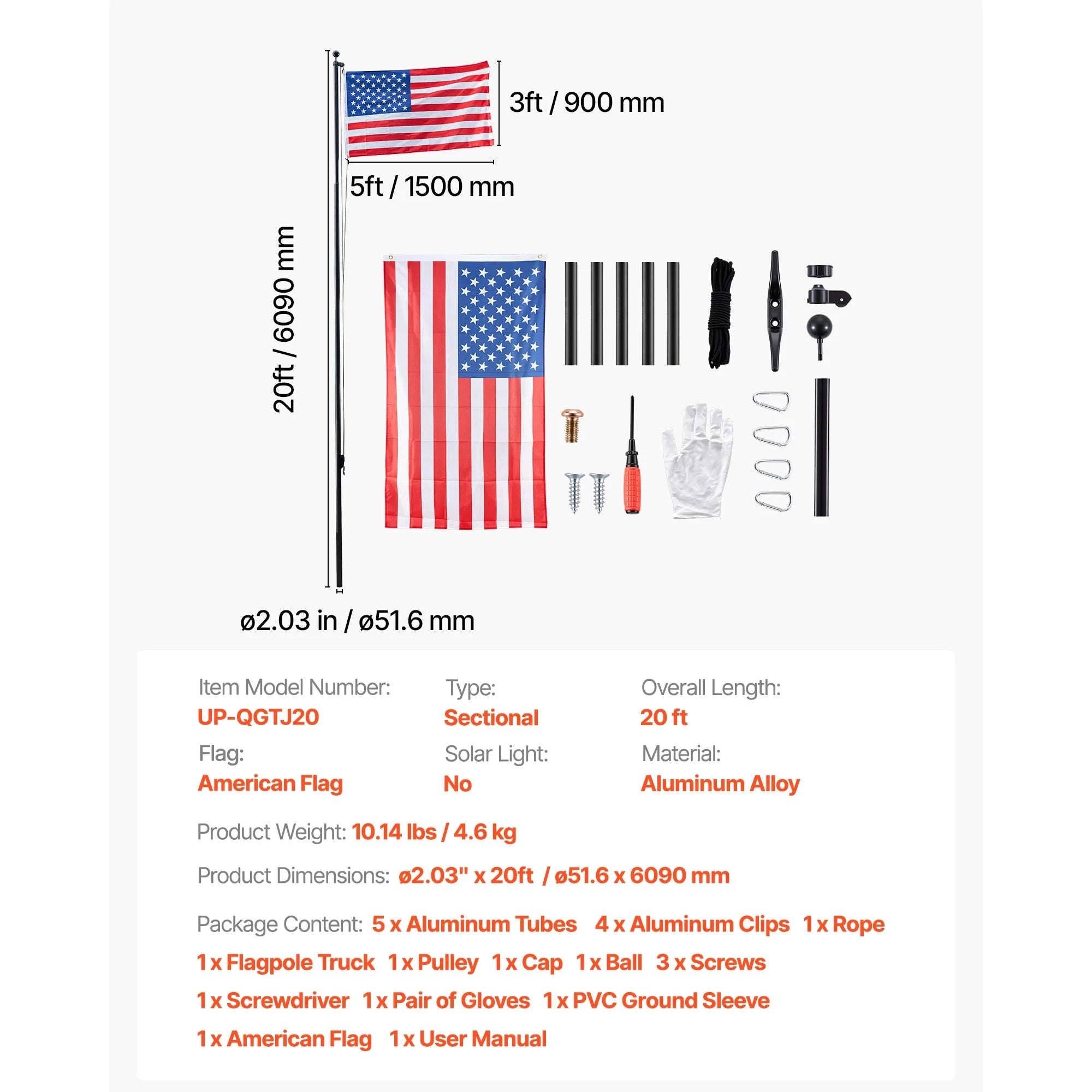 16/20/25/30ft In-Ground Aluminum Flag Pole Kit with Flag-30ft Sectional / United States