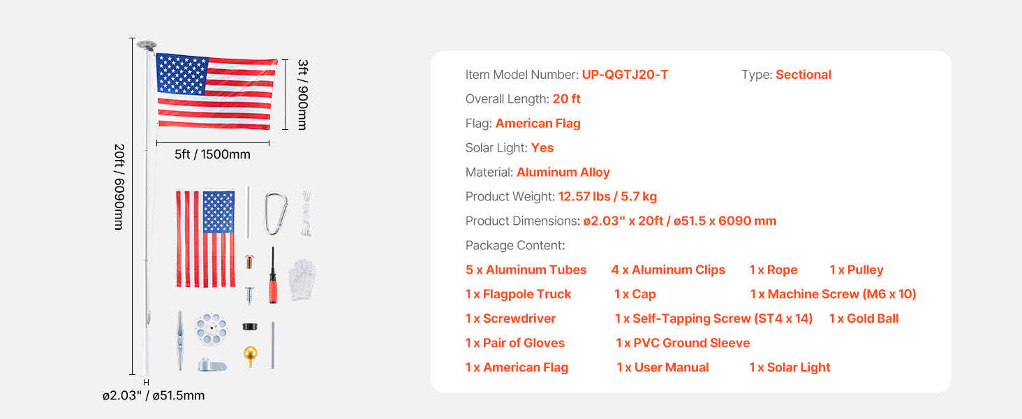 16/20/25/30ft In-Ground Aluminum Flag Pole Kit with Flag-30ft Sectional / United States