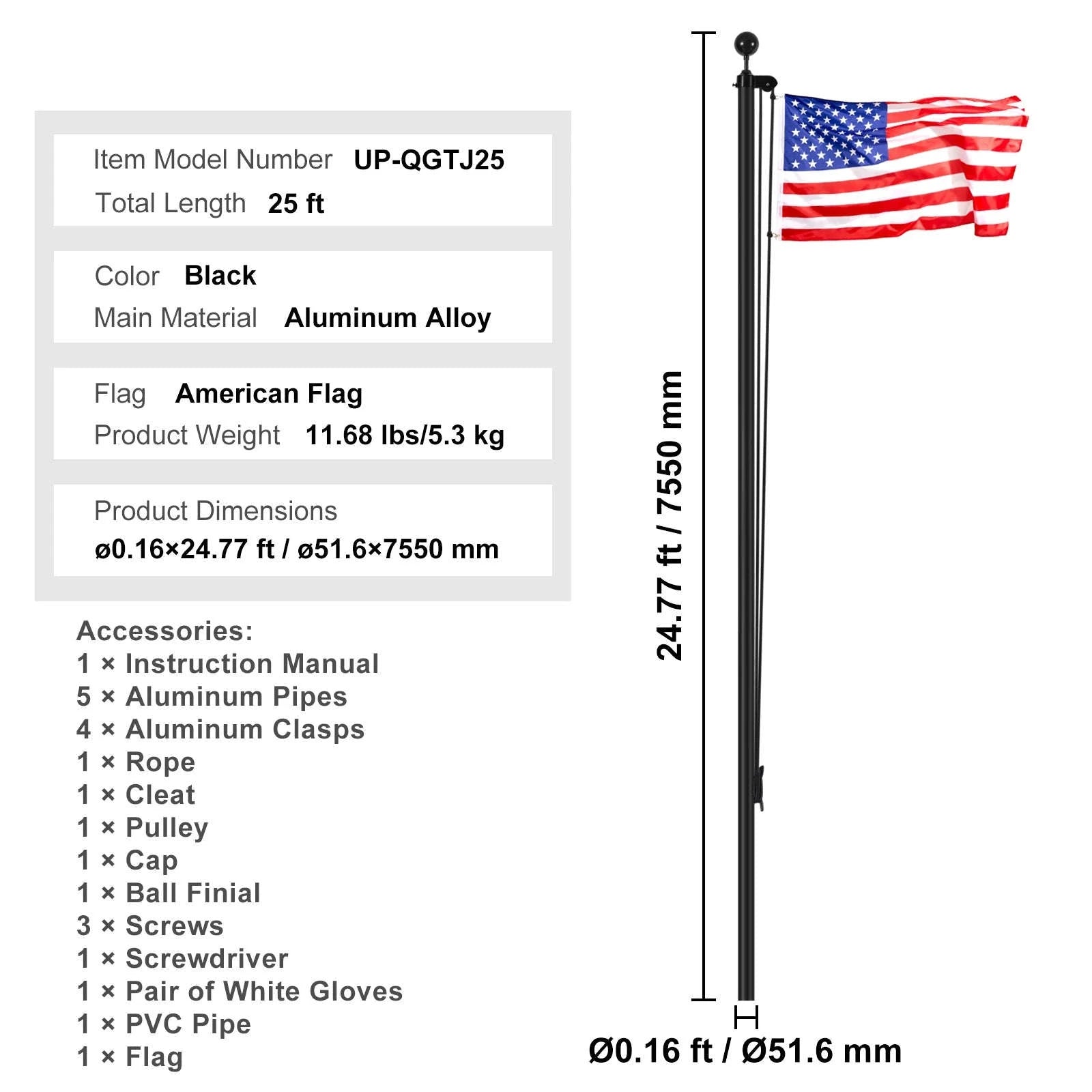 16/20/25/30ft In-Ground Aluminum Flag Pole Kit with Flag-30ft Sectional / United States