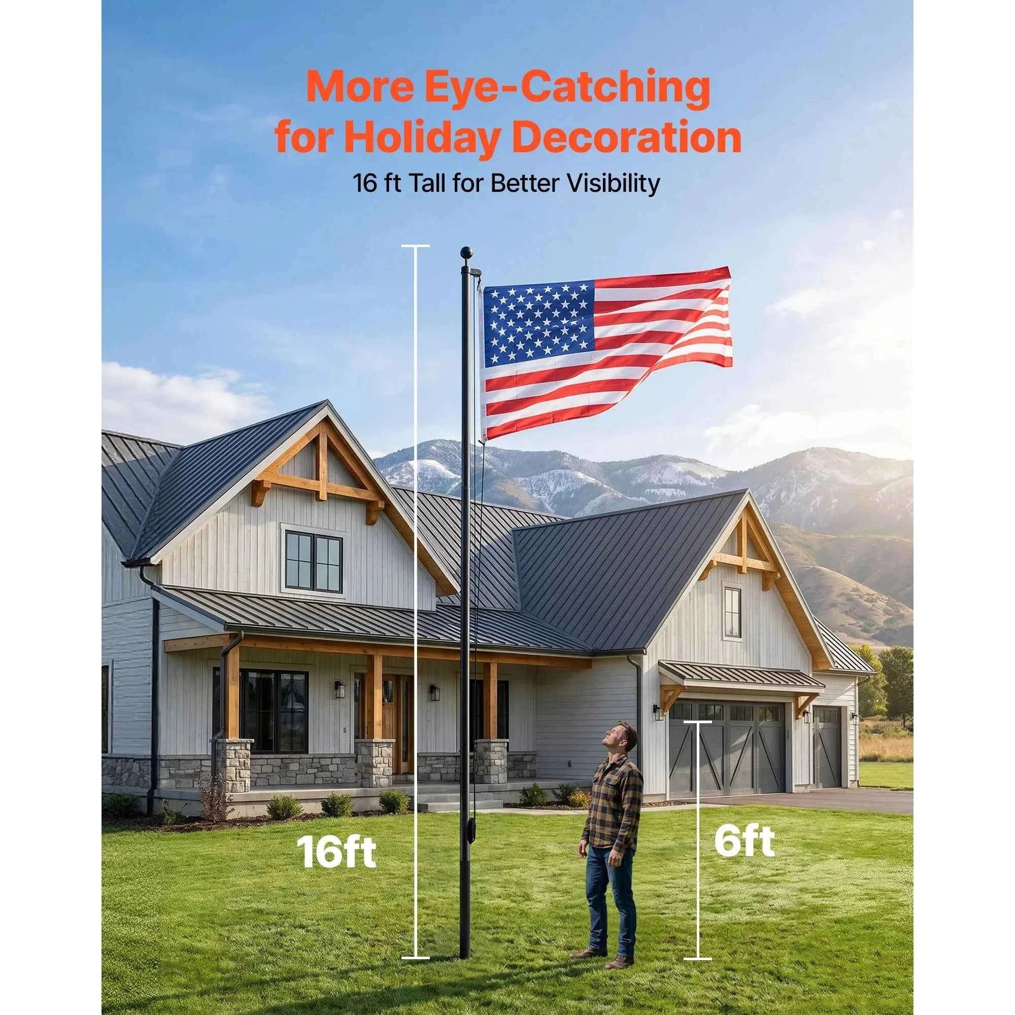 16/20/25/30ft In-Ground Aluminum Flag Pole Kit with Flag-30ft Sectional / United States