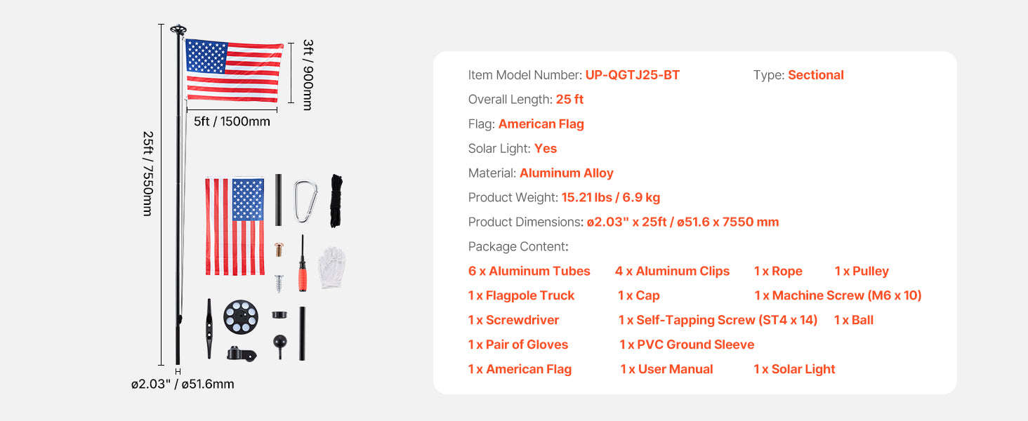 16/20/25/30ft In-Ground Aluminum Flag Pole Kit with Flag-30ft Sectional / United States
