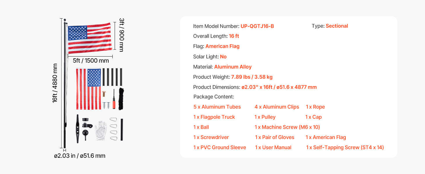 16/20/25/30ft In-Ground Aluminum Flag Pole Kit with Flag-30ft Sectional / United States