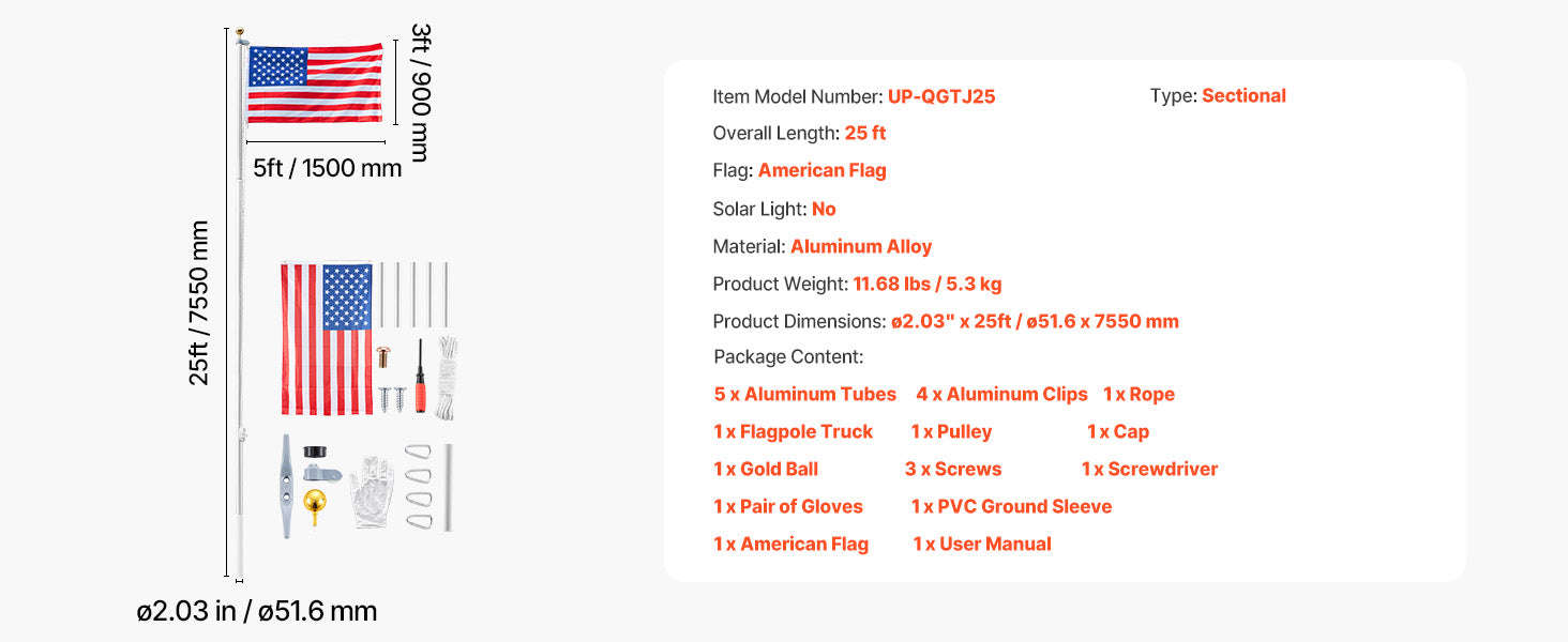 16/20/25/30ft In-Ground Aluminum Flag Pole Kit with Flag-30ft Sectional / United States