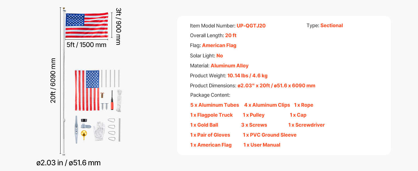 16/20/25/30ft In-Ground Aluminum Flag Pole Kit with Flag-30ft Sectional / United States