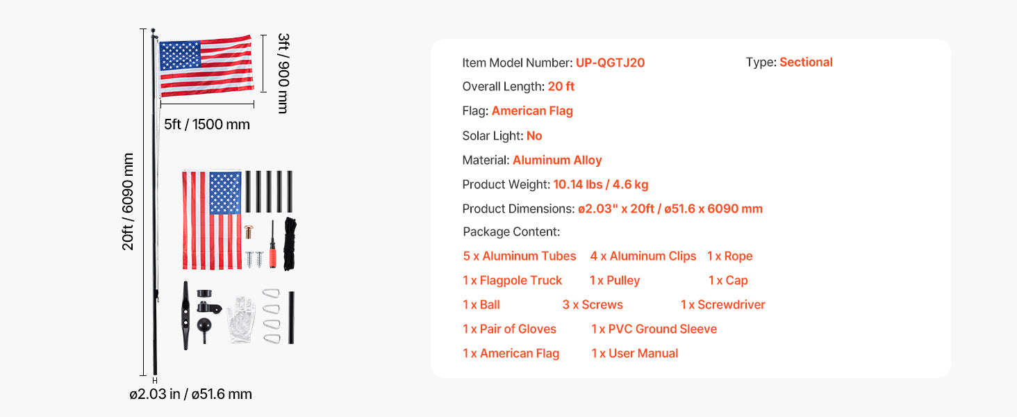 16/20/25/30ft In-Ground Aluminum Flag Pole Kit with Flag-30ft Sectional / United States