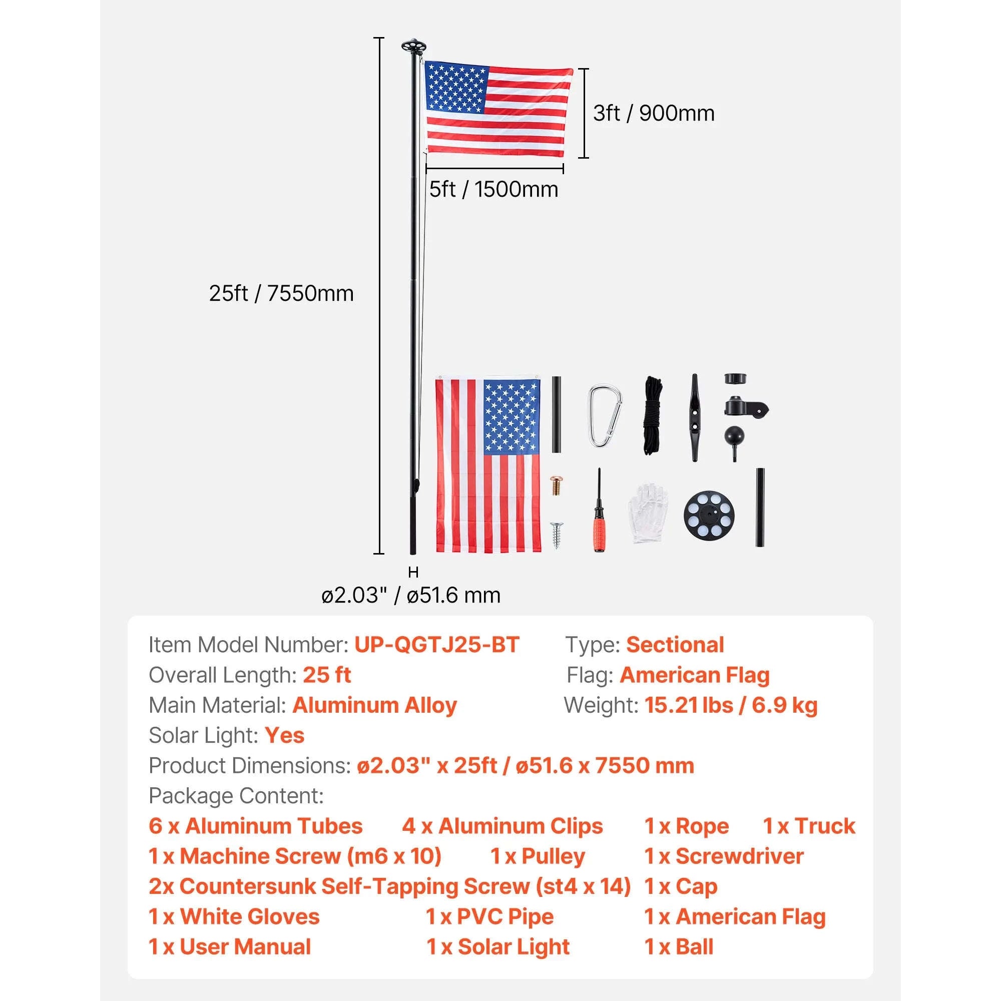 16/20/25/30ft In-Ground Aluminum Flag Pole Kit with Flag-30ft Sectional / United States