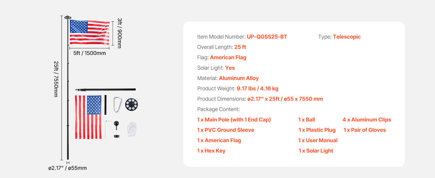16/20/25/30ft In-Ground Aluminum Flag Pole Kit with Flag-30ft Sectional / United States