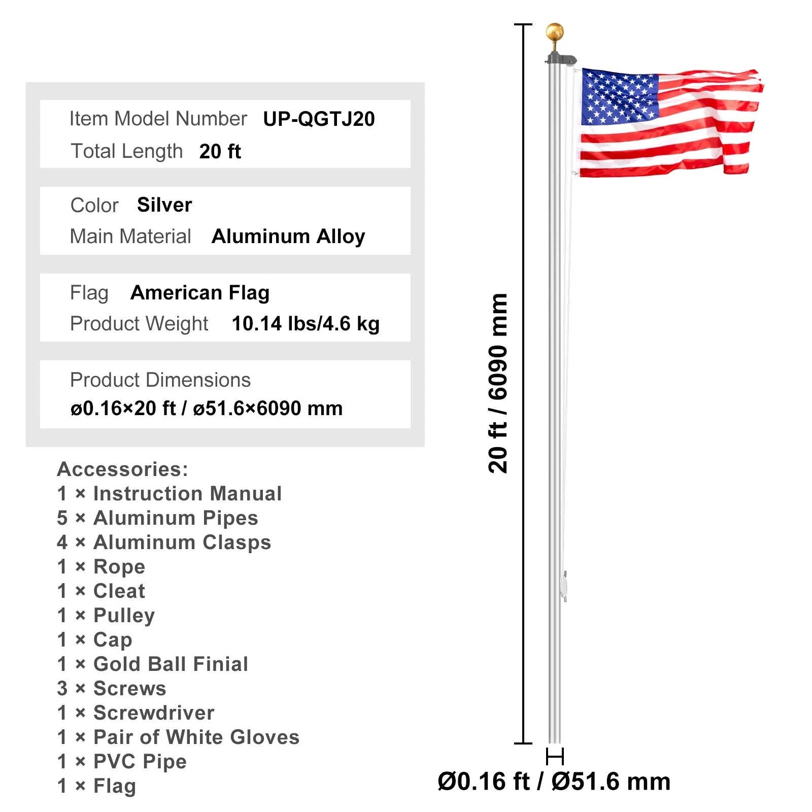 16/20/25/30ft In-Ground Aluminum Flag Pole Kit with Flag-30ft Sectional / United States