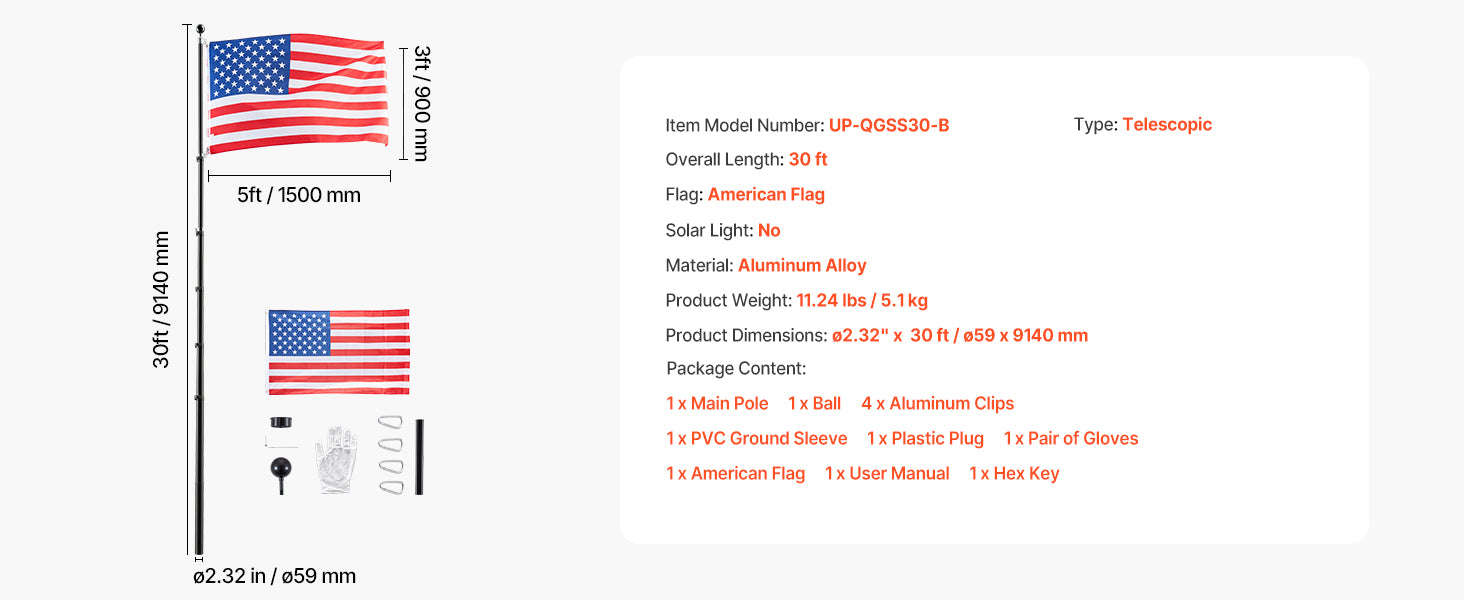 16/20/25/30ft In-Ground Aluminum Flag Pole Kit with Flag-30ft Sectional / United States