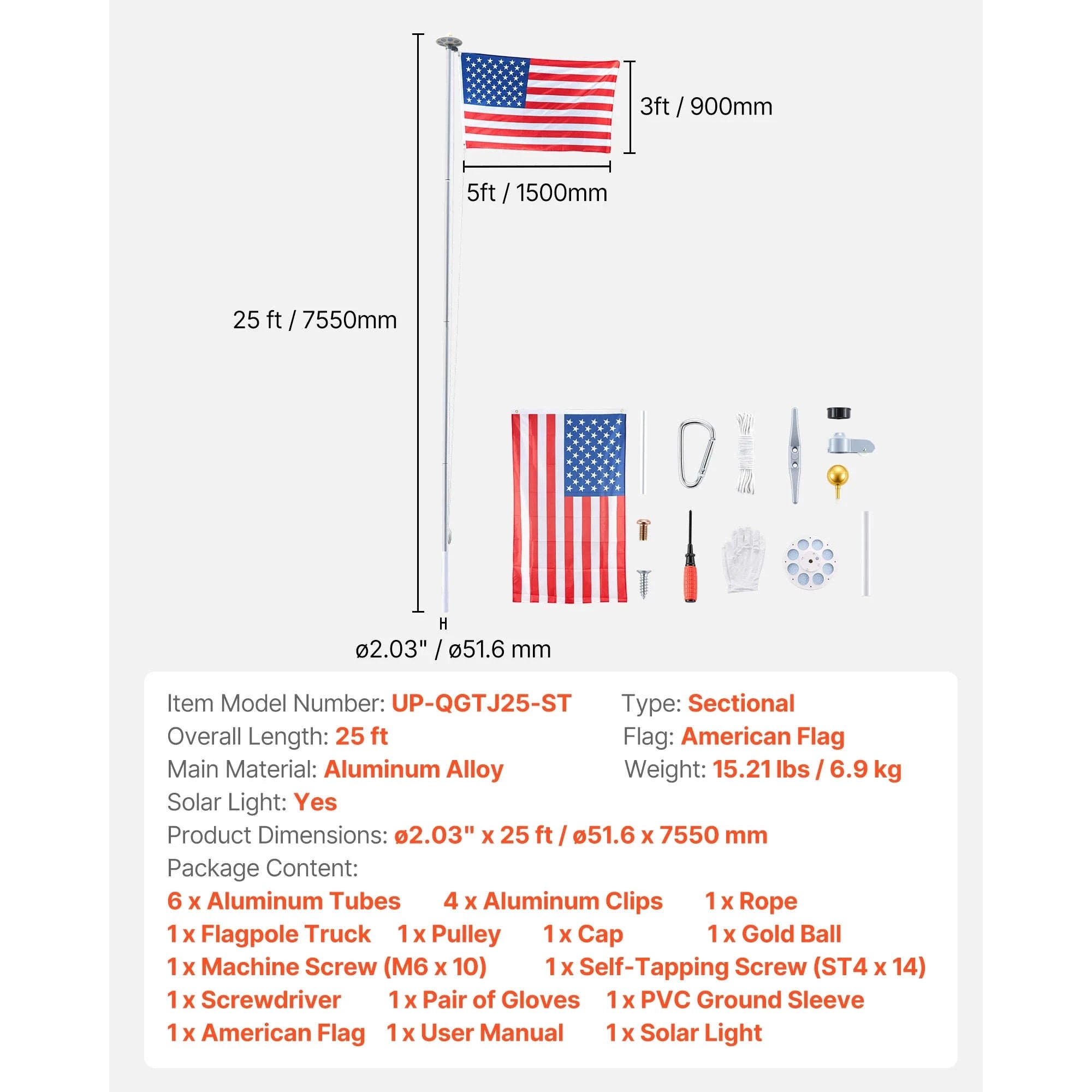 16/20/25/30ft In-Ground Aluminum Flag Pole Kit with Flag-30ft Sectional / United States