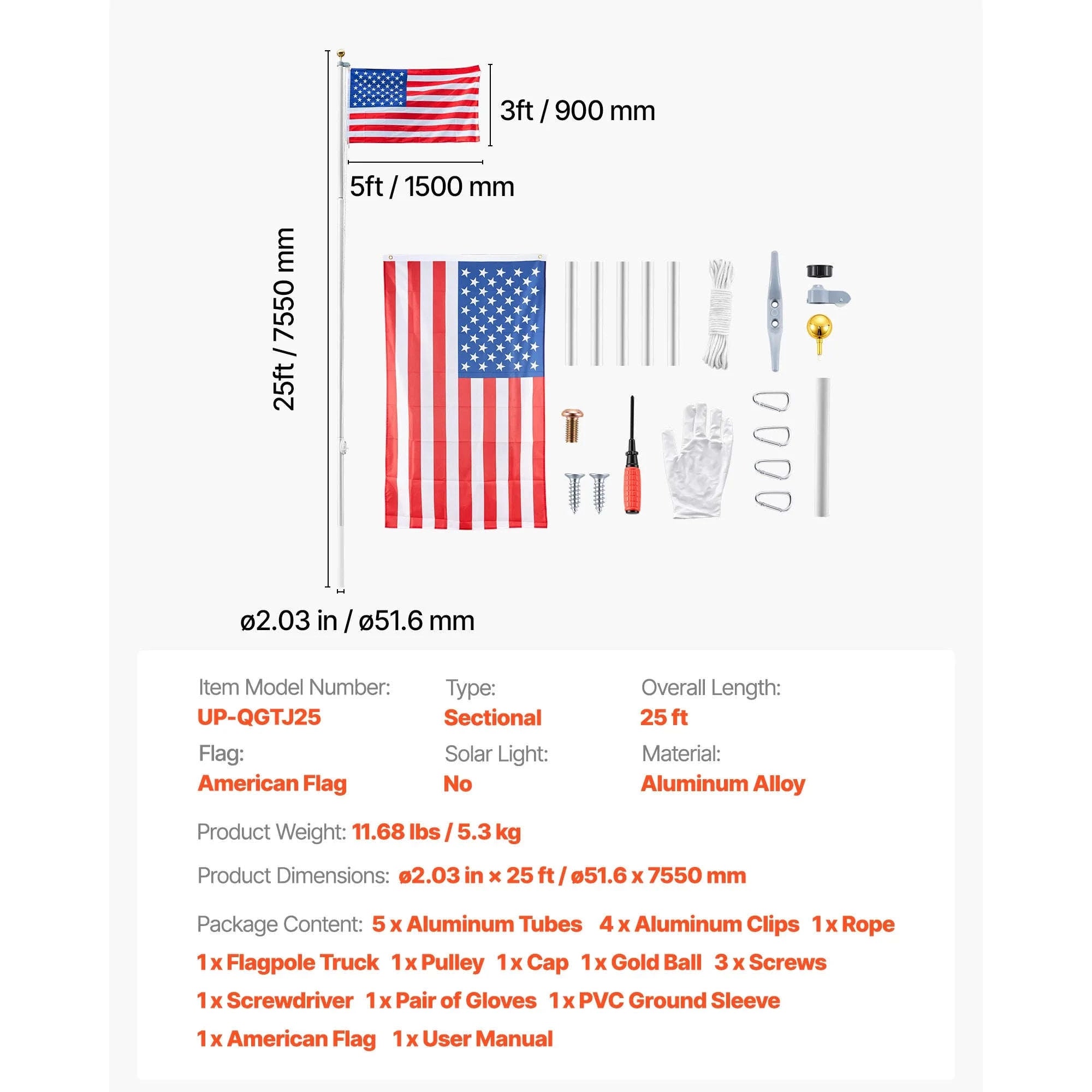 16/20/25/30ft In-Ground Aluminum Flag Pole Kit with Flag-30ft Sectional / United States