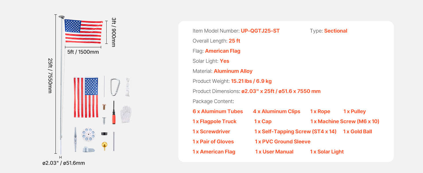 16/20/25/30ft In-Ground Aluminum Flag Pole Kit with Flag-30ft Sectional / United States