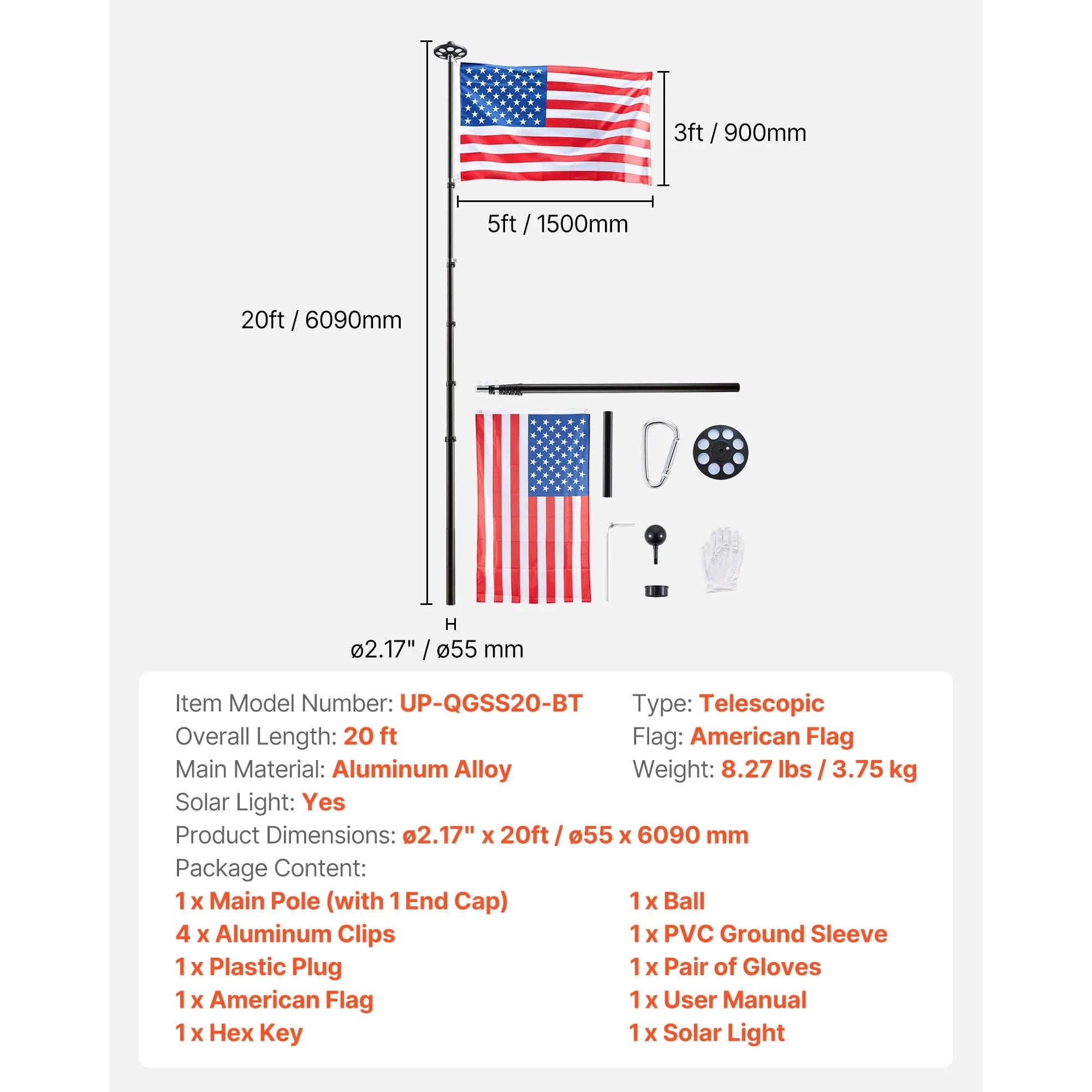 16/20/25/30ft In-Ground Aluminum Flag Pole Kit with Flag-30ft Sectional / United States