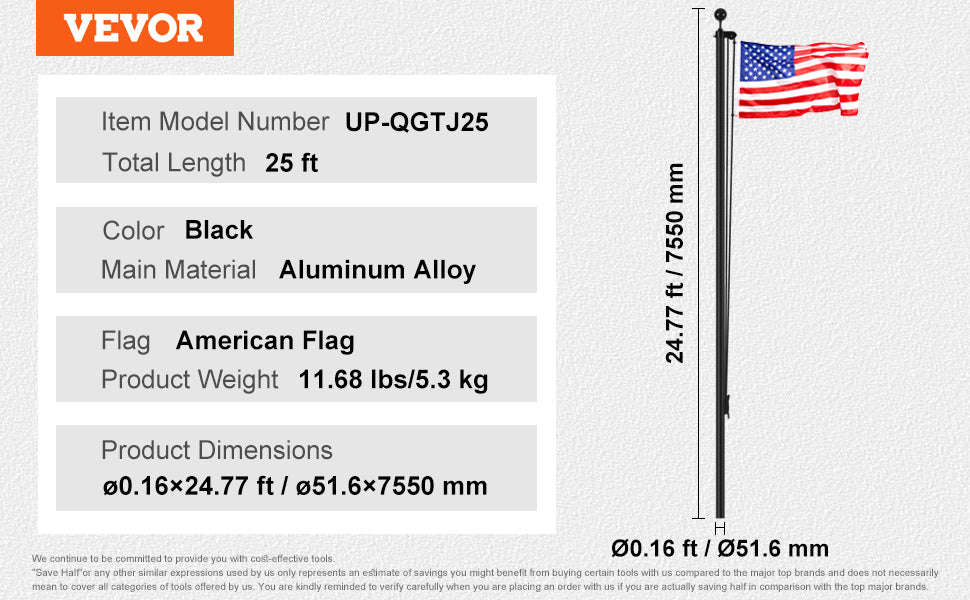 16/20/25/30ft In-Ground Aluminum Flag Pole Kit with Flag-30ft Sectional / United States