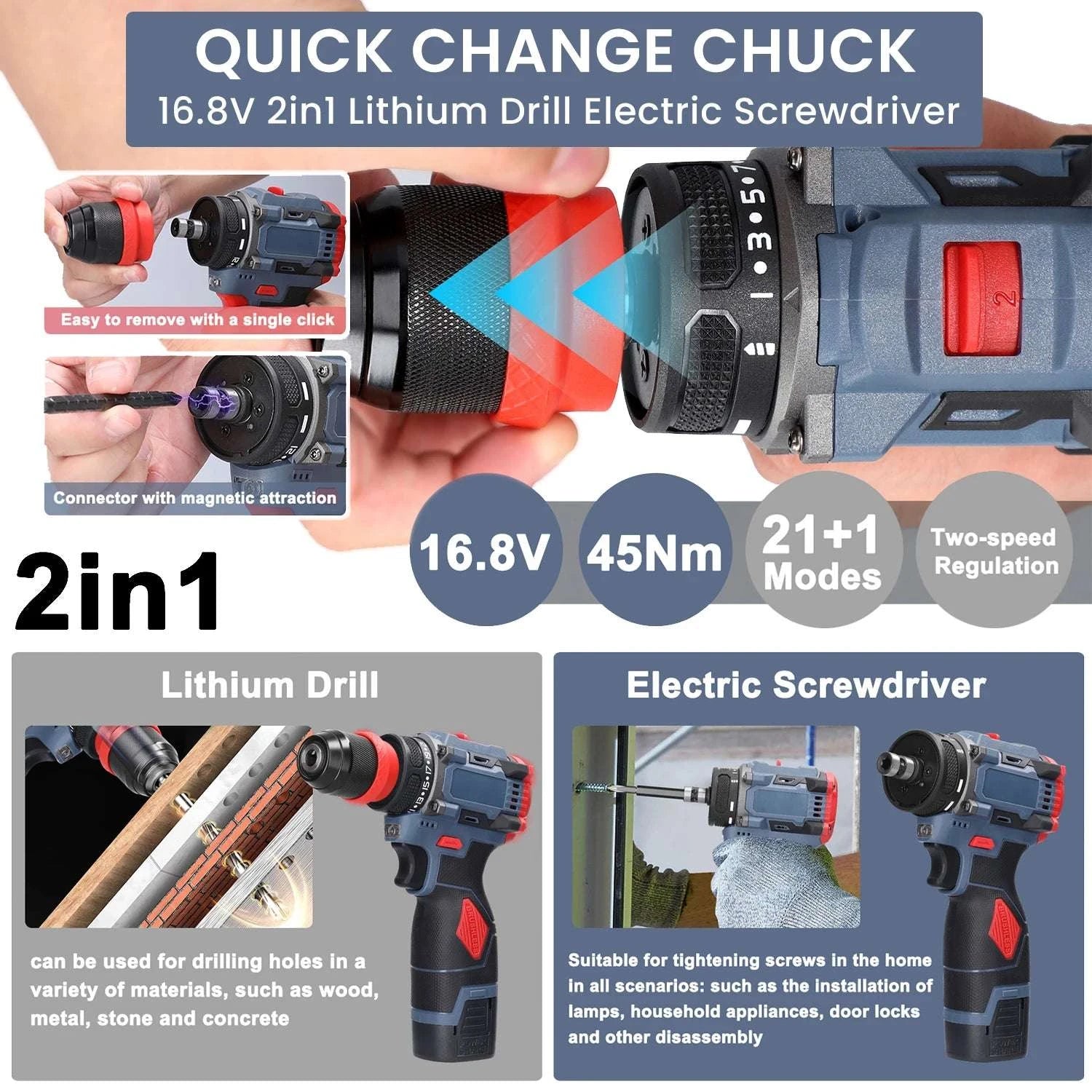 16.8V Cordless Drill & Electric Screwdriver 45Nm Brushless Power Tool-2 pcs Batteries / france / EU
