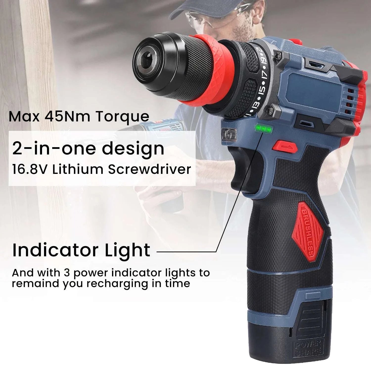 16.8V Cordless Drill & Electric Screwdriver 45Nm Brushless Power Tool-2 pcs Batteries / france / EU