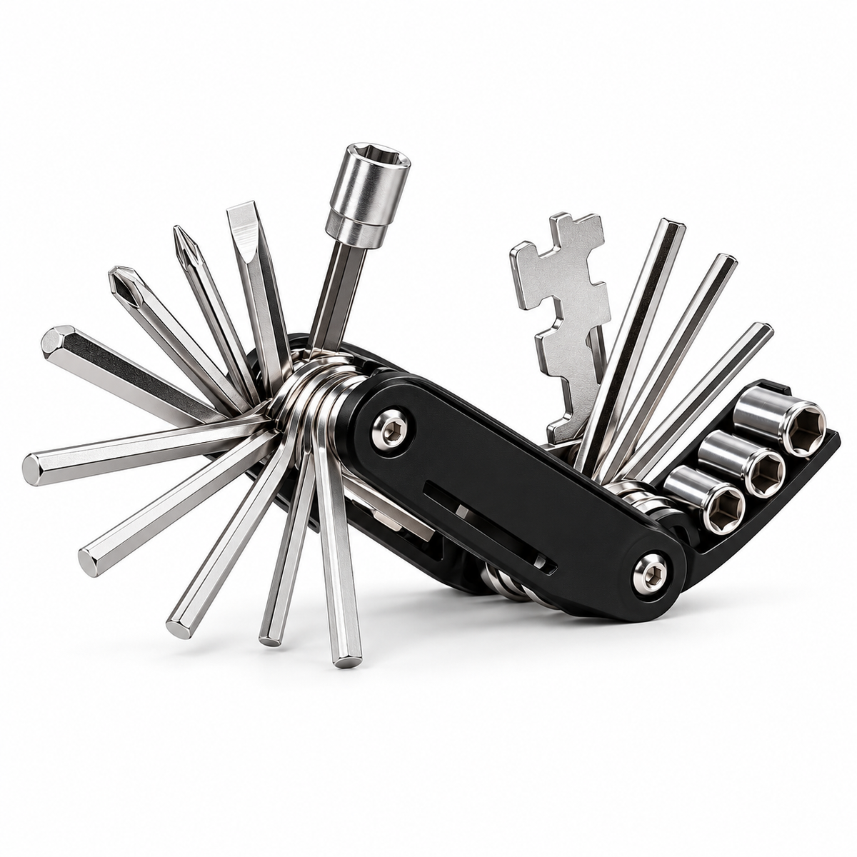 Black folding bicycle multi-tool with steel hex keys and socket attachments on white background