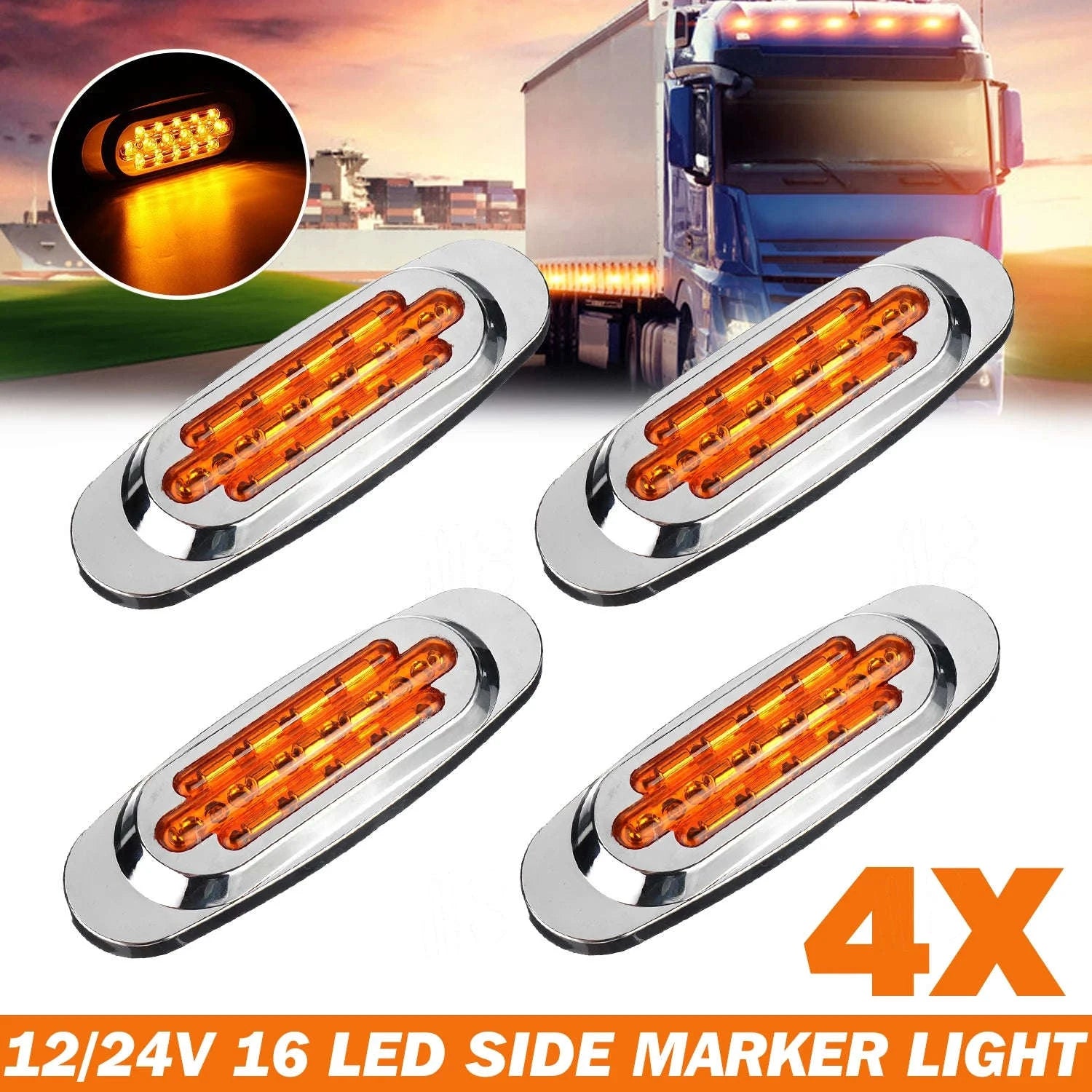 16 LED 12-24V Side Marker Light for Truck Trailer-White / 4PCS