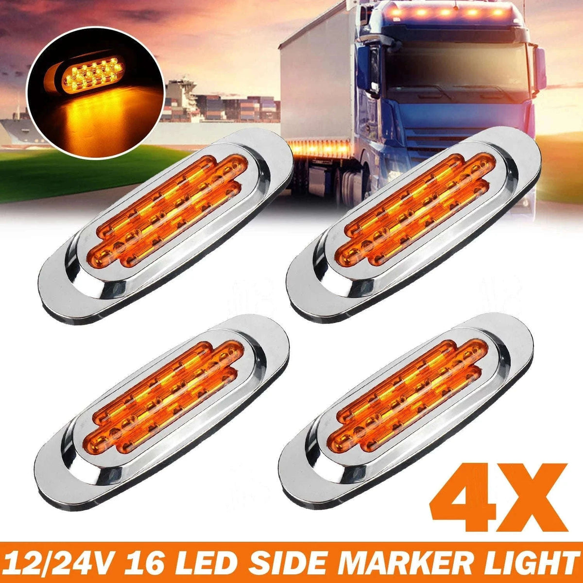 16 LED 12-24V Side Marker Light for Truck Trailer-White / 4PCS