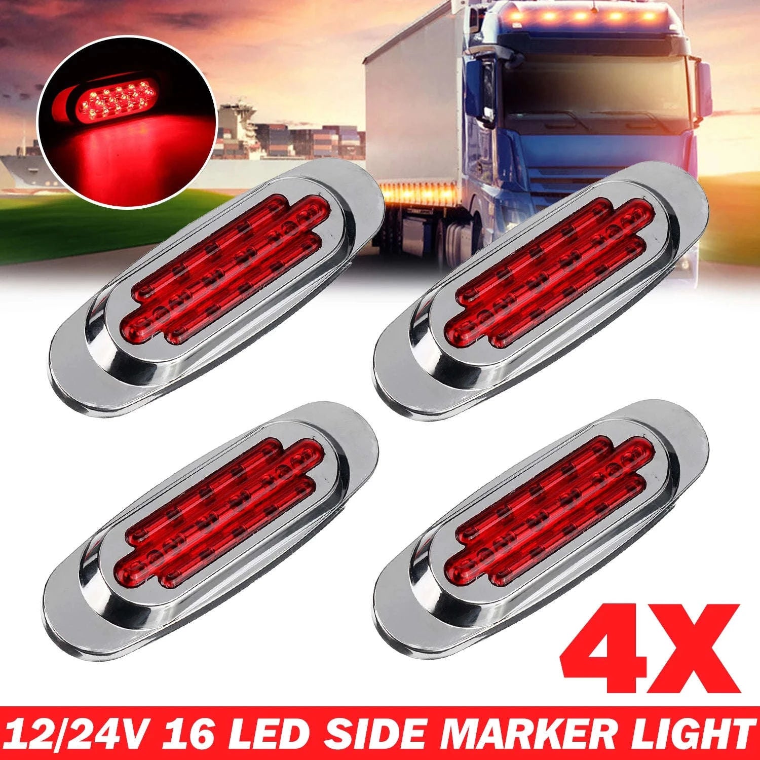 16 LED 12-24V Side Marker Light for Truck Trailer-White / 4PCS