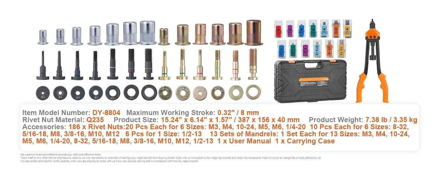 16" Rivet Nut Tool Kit with 13 Mandrels & 186 Rivnuts-16inch / United States