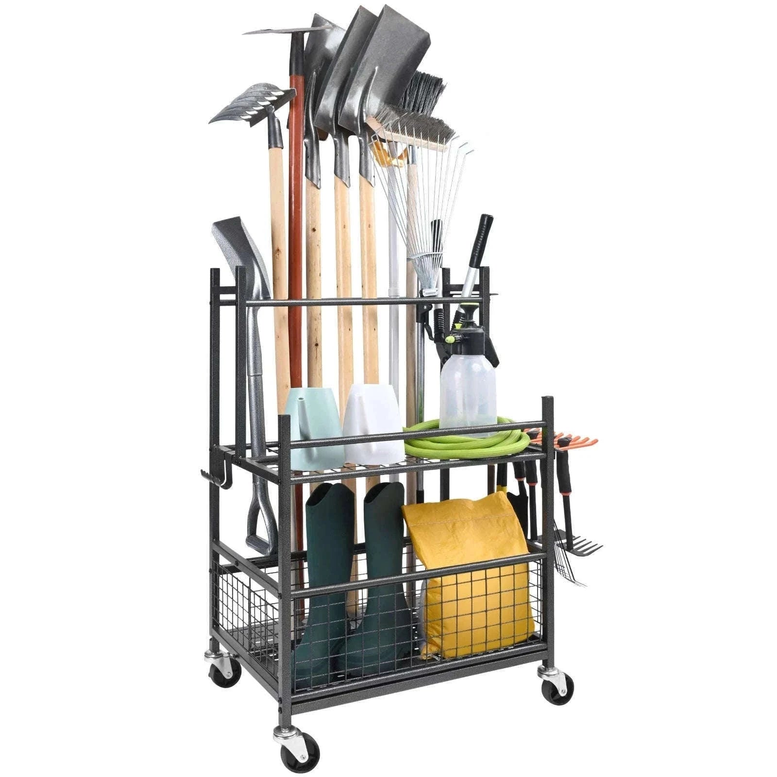 16-Slot Garden Tool Organizer Rack with Hooks and Wheels-16 Slots / Poland