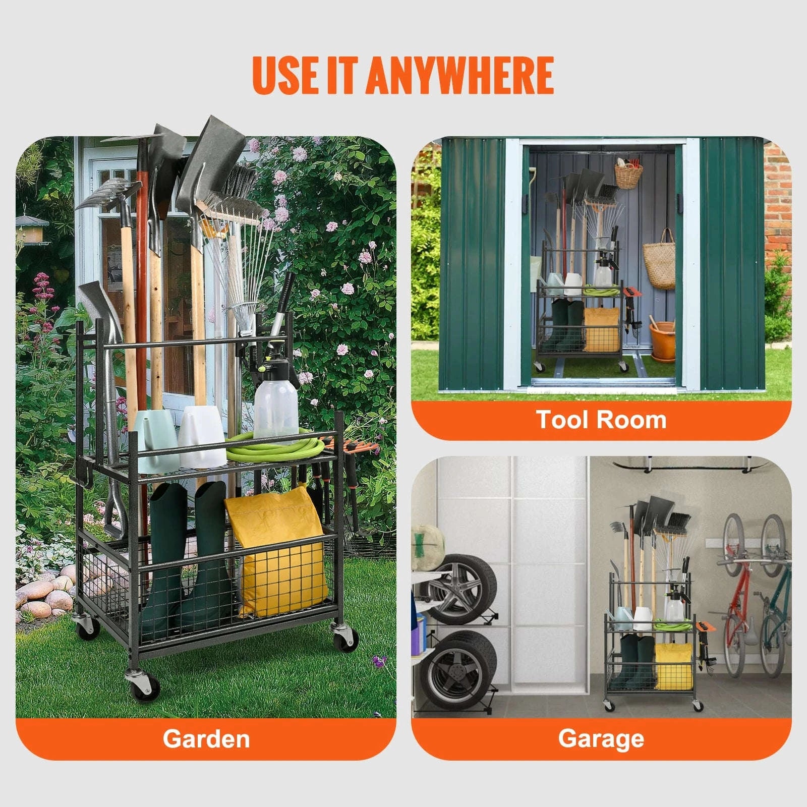 16-Slot Garden Tool Organizer Rack with Hooks and Wheels-16 Slots / Poland