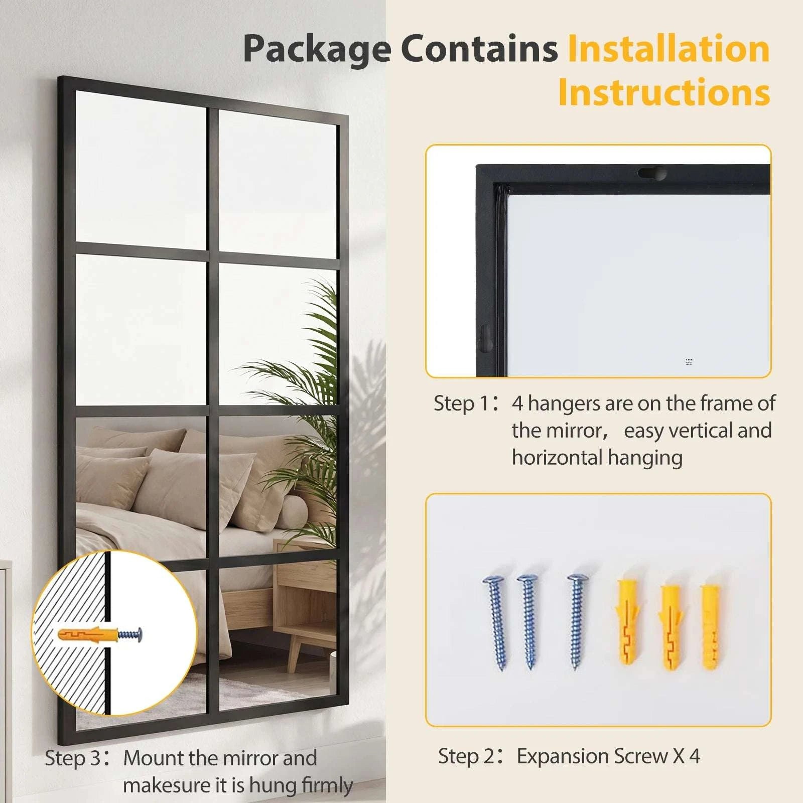 16" x 32" Window Pane Wall Mirrors Set of 2 Metal Frame-32L x 16W / United States