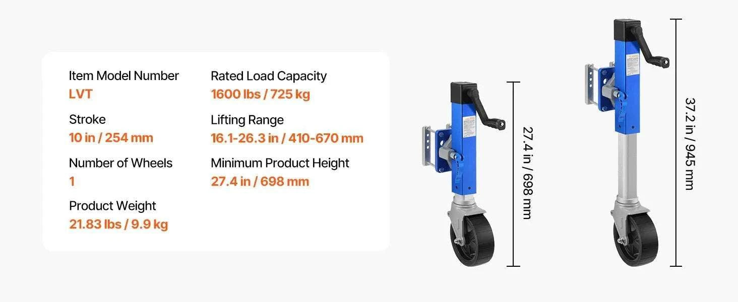 1600 lb Sidewind Trailer Jack with Wheel – Bolt-On, Adjustable Height-1600 lbs / United States