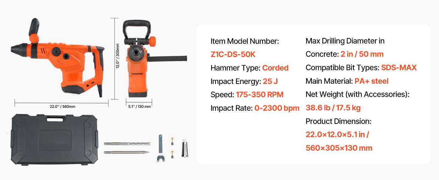1600W SDS-Max Rotary Hammer Drill 25J Heavy-Duty Demolition Tool-44mm / United States