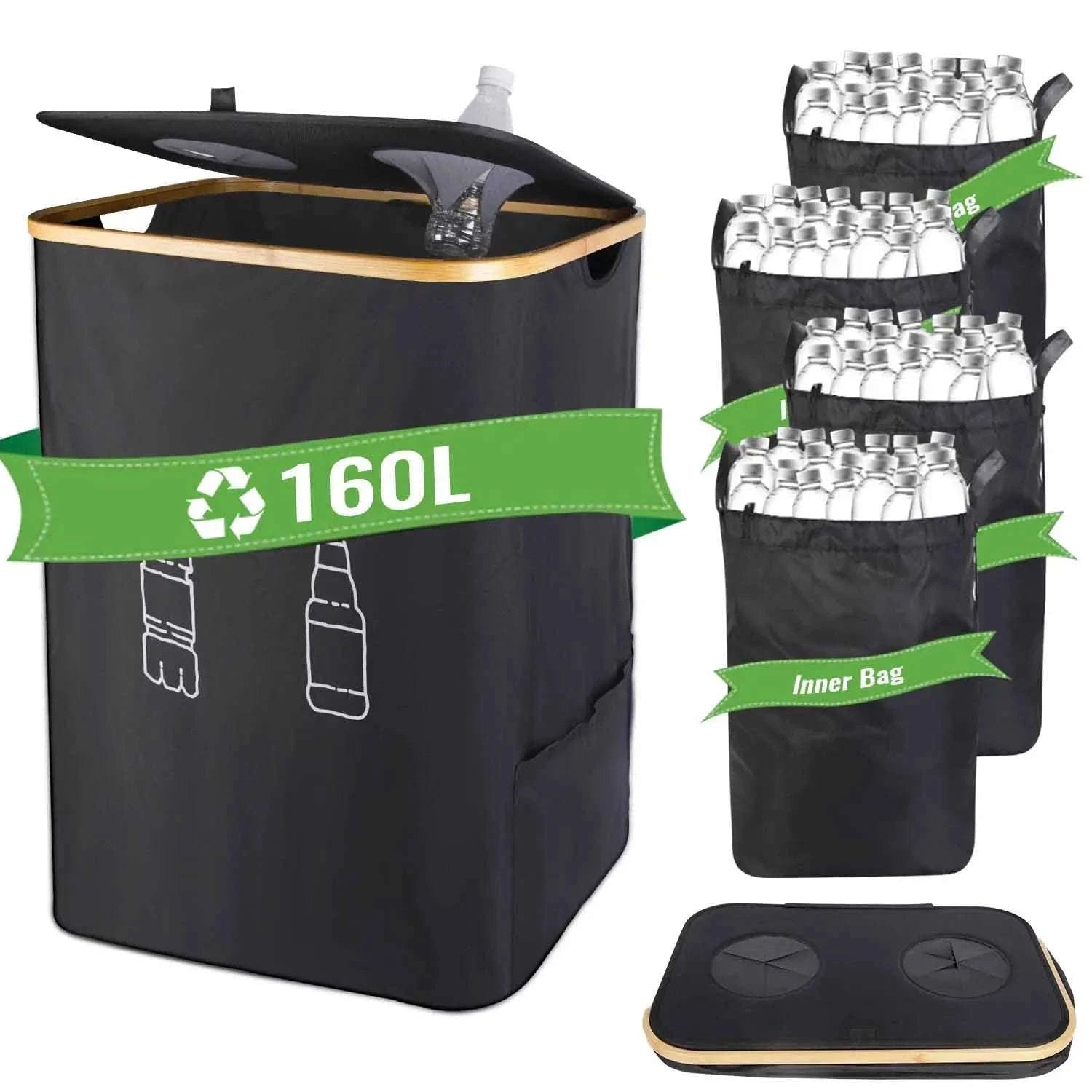 160L Extra Large Recycling Bin with Lid Foldable Storage Organizer-black / 160L / france